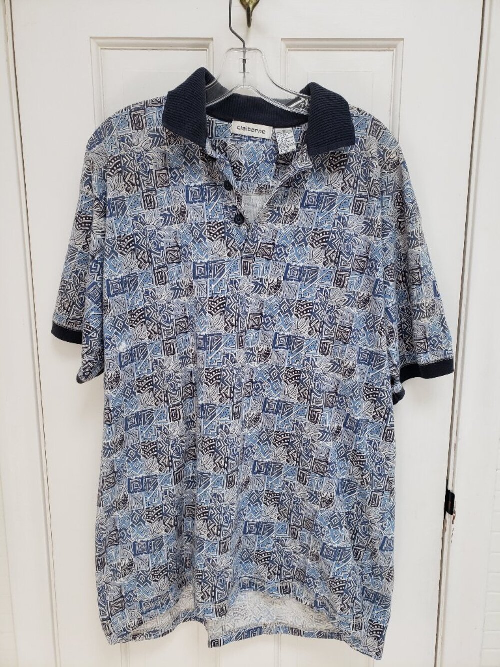 Claiborne Polo Shirt XL Vintage 90s Short Sleeve Geometric Print Cotton